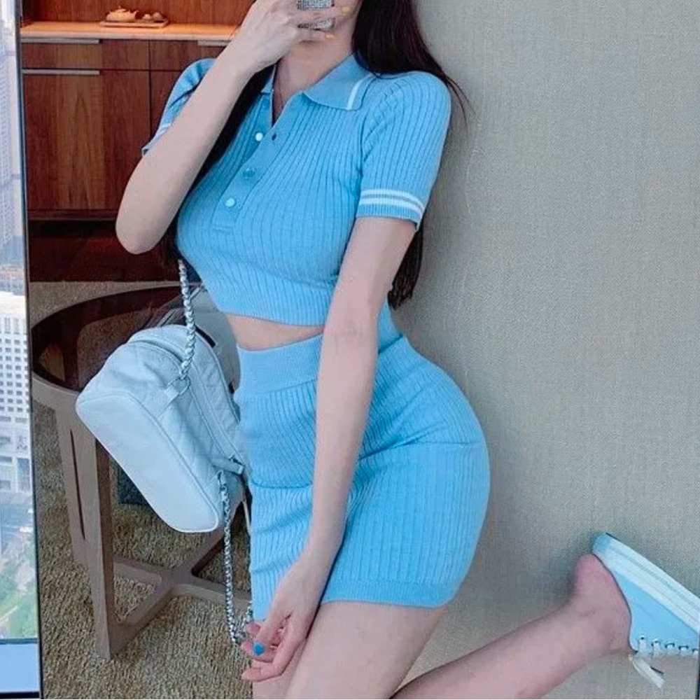 YESSTYLE Blue & White Knit Striped Short Sleeve Polo Crop Top + Mini Skirt Set